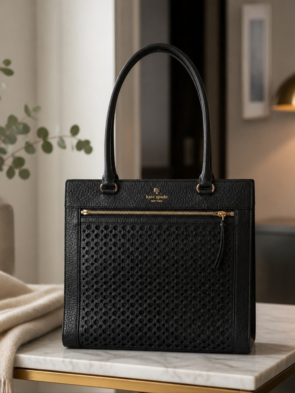 Kate Spade Black Perforated Leather Tote with Gold Accents EUC